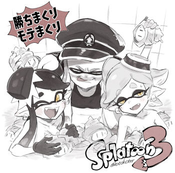 +_+ 3girls agent_3_(splatoon) animal bathhouse black_hair blush breasts callie_(alterna)_(splatoon) callie_(splatoon) captain_3_(splatoon) cleavage collarbone cousins covering_breasts covering_privates earrings eyelashes fangs food food-themed_hair_ornament food_on_head gloves hair_ornament half-closed_eyes hat holding holding_animal holding_shell inkling inkling_girl inkling_player_character jewelry looking_at_viewer marie_(alterna)_(splatoon) marie_(splatoon) mole mole_under_eye multiple_girls naughty_face nintendo object_on_head one_eye_closed open_mouth patchwork_clothes peaked_cap pervert shell sketch smile splatoon_(series) splatoon_3 sports_bra spot_color squidbeak_splatoon star-shaped_pupils star_(symbol) super_sea_snail sweatdrop symbol-shaped_pupils tareme tentacle_hair ter_(otokoter) thick_eyebrows tile_wall tiles tongue tongue_out topless_female tsurime white_hair yellow_eyes