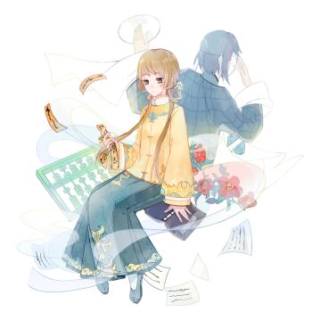 Rule 34 | 1boy, 1girl, abacus, aqua skirt, back-to-back, blue hair, blue shirt, blue shoes, blue tabard, book, brown eyes, brown hair, chinese clothes, closed mouth, collared shirt, commentary request, dot nose, expressionless, flats, flower, from behind, frown, full body, hagoromo, hair flower, hair ornament, hair over shoulder, hair rings, hand on own face, high collar, holding, holding ofuda, invisible chair, light blush, long hair, long skirt, long sleeves, looking at object, low twintails, miqing, ofuda, original, pages, plaid clothes, plaid shirt, pleated skirt, puffy long sleeves, puffy sleeves, red flower, shawl, shirt, shoes, short hair, simple background, sitting, skirt, sleeve cuffs, sleeves past wrists, socks, solo focus, tabard, twintails, very long hair, white background, white flower, white socks, yellow shirt