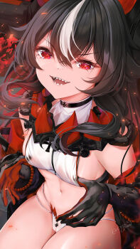 +_+ 1girl :d absurdres azur_lane bare_shoulders bikini black_choker black_gloves black_hair black_jacket breasts choker clothes_pull crop_top cropped_jacket cross elbow_gloves finger_under_clothes from_above gloves hair_between_eyes hands_up highres hip_focus iron_cross jacket jacket_pull looking_at_viewer looking_up medium_breasts multi-strapped_bikini_bottom multi-strapped_panties multicolored_hair navel o7fian open_clothes open_jacket open_mouth panties red_eyes sharp_teeth sideboob sitting smile solo stomach streaked_hair string_panties swimsuit teasing teeth thighs two-tone_hair underwear white_bikini white_hair white_panties z16_(azur_lane)