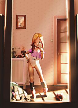 1girl :p absurdres arm_up athletic_leotard black_socks blue_eyes borrowed_character braid brown_hair cameltoe cellphone choker commission crop_top diathorn door female_focus female_pov full_body groin hand_on_own_hip high_heels highleg highleg_leotard highres jewelry kneehighs leotard linnea_(baraag) loli long_hair mirror mirror_selfie one_eye_closed original partially_visible_vulva pendant phone photo_(object) picture_frame pink_shirt pov print_leotard reflection selfie shirt shoes silhouette smartphone smile socks solo stuffed_animal stuffed_toy teddy_bear tongue tongue_out twin_braids twintails white_leotard wristband