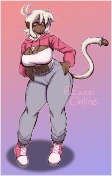 blue_eyes breasts cleavage_cutout clothing_cutout commission crop_top dark-skinned_female dark_skin eazzionline furry hands_on_own_hips highres long_tail monkey shirt shoes sneakers stomach tail white_fur white_shirt wide_hips