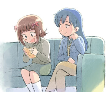 Rule 34 | 2girls, amami haruka, blue hair, blue jacket, bow, brown hair, closed mouth, commentary request, couch, crossed legs, green eyes, grey sweater, hair bow, holding, idolmaster, idolmaster (classic), jacket, kisaragi chihaya, lapels, long hair, long sleeves, looking at another, looking at object, miniskirt, multiple girls, multiple hair bows, notched lapels, on couch, open mouth, red bow, short hair, sitting, skirt, sweater, tsubobot