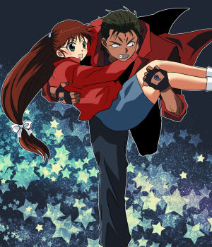 1990s_(style) 1boy 1girl bindi black_hair blue_background blue_seed blush brown_hair carrying clenched_teeth couple dark-skinned_male dark_skin fujimiya_momiji green_eyes hair_ornament hairclip hetero jacket kusanagi_mamoru long_hair low-tied_long_hair magatama pants princess_carry retro_artstyle running skirt socks star_(symbol) star_symbol_background surprised sweat tapp teeth