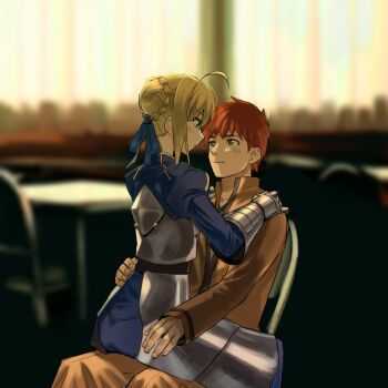 1boy 1girl armor armored_dress artoria_pendragon_(fate) blonde_hair bow couple dress emiya_shirou fate/stay_night fate_(series) girl_on_top hair_bow homurabara_academy_school_uniform looking_at_another rasupekuto red_hair saber_(fate) school_uniform sitting sitting_on_lap sitting_on_person