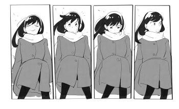 1girl black_hair black_pantyhose border breasts closed_eyes commentary earrings findoworld hairband highres jewelry light_blush long_coat long_hair looking_at_another medium_breasts multiple_views pantyhose parted_lips sequential sitting smile solo spy_x_family symbol-only_commentary white_border white_hairband wind yor_briar