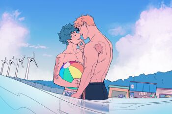 Rule 34 | 2boys, 5mll3, arm up, bakugou katsuki, ball, beach umbrella, beachball, blonde hair, boku no hero academia, building, closed eyes, cloud, collarbone, green hair, hand on another's chin, holding, holding ball, holding beachball, imminent kiss, male focus, male swimwear, midoriya izuku, multiple boys, multiple scars, open mouth, outdoors, pectorals, scar, scar on arm, scar on back, short hair, sky, smile, spiked hair, standing, summer, swim trunks, toned, toned male, topless male, umbrella, wading, water, wind turbine, windmill, yaoi
