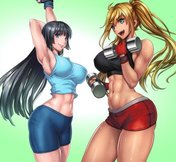 2girls :d abs armpits arms_behind_head bare_shoulders black_hair black_tank_top blonde_hair blue_shorts breasts closed_mouth commentary_request dumbbell dumbbell_nan_kilo_moteru? gloves green_eyes high_ponytail large_breasts long_hair multiple_girls muscular muscular_female open_mouth ponytail red_gloves red_shorts sadakage sakura_hibiki shorts sideboob smile souryuuin_akemi stretching sweat tan tank_top thighs