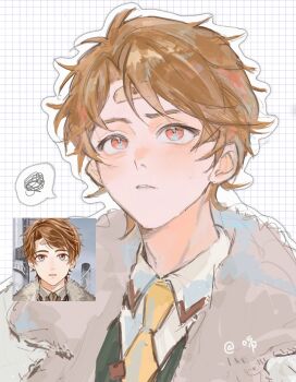 Rule 34 | 1boy, bandaid, bandaid on face, bandaid on forehead, black vest, blush, brown hair, coat, collared shirt, commentary, grid background, highres, looking up, luke pearce (tears of themis), male focus, multicolored eyes, necktie, parted hair, parted lips, screenshot inset, sgg15542251, shirt, short hair, solo, speech bubble, spoken squiggle, squiggle, symbol-only commentary, tears of themis, vest, white shirt, wing collar, yellow necktie