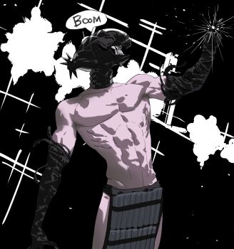 1boy absurdres bomb_devil_(chainsaw_man) chainsaw_man clenched_teeth cowboy_shot elbow_gloves genderswap genderswap_(ftm) gloves highres loincloth male_focus monster_boy pale_skin pectorals reze_(chainsaw_man) serratus_anterior solo sound_effects sparkle speech_bubble teeth toned toned_male topless_male v-taper wonbin_lee