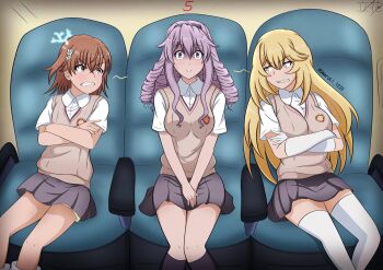 3girls airplane_interior black_socks blonde_hair breasts brown_eyes brown_hair brown_sweater_vest clenched_teeth collared_shirt commentary_request drill_hair elbow_gloves glaring gloom_(expression) gloves grey_skirt hair_between_eyes hair_ornament hairpin highres hokaze_junko kneehighs large_breasts long_hair medium_hair meme miniskirt misaka_mikoto multiple_girls nervous_smile nervous_sweating pleated_skirt purple_hair school_emblem school_uniform shirt shokuhou_misaki short_sleeves shorts shorts_under_skirt sitting skirt smile socks sparkling_eyes summer_uniform sweat sweater_vest teeth thighhighs toaru_kagaku_no_railgun toaru_majutsu_no_index tokiwadai_school_uniform turn_pale twitter_username umaruli_1225 v-neck where_are_you_sitting_(meme) white_gloves white_shirt white_thighhighs yellow_eyes