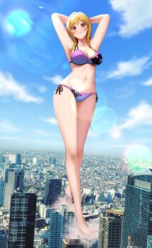 Rule 34 | 1girl, absurdres, arms up, bikini, blue bikini, brown eyes, brown hair, city, closed mouth, cloud, commission, dust cloud, flower print, flower print bikini, giant, giantess, gradient bikini, highres, idolmaster, idolmaster million live!, long legs, looking at viewer, midriff, momose rio, multicolored bikini, numaguro (tomokun0808), photo background, purple bikini, real world location, side-tie bikini bottom, skeb commission, sky, smile, solo, stomach, swimsuit, walking