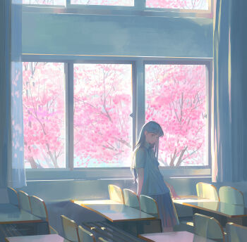 1girl absurdres arms_at_sides chair cherry_blossoms chinese_commentary classroom closed_mouth commentary_request curtains day feet_out_of_frame grey_hair grey_shirt grey_skirt highres indoors long_hair looking_at_viewer looking_to_the_side morncolour original pleated_skirt school_uniform shirt short_sleeves signature skirt solo spring_(season) standing straight_hair table variant_set watermark window