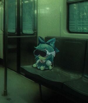 apple_vision_pro blue_bow blue_dress blue_hair bow character_doll cirno commentary doll dress english_commentary fumo_(doll) hair_bow head-mounted_display highres neck_ribbon no_humans pinafore_dress red_ribbon ribbon sitting skullchimes sleeveless sleeveless_dress smile subway touhou train_interior