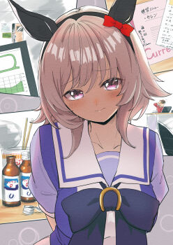 1girl absurdres alternate_skin_color animal_ears blush bow closed_mouth curren_chan_(umamusume) dark-skinned_female dark_skin ear_covers grey_hair highres horse_ears horse_girl kichi_tik looking_at_viewer medium_hair purple_bow purple_eyes purple_shirt sailor_collar school_uniform shirt sidelocks solo tracen_school_uniform umamusume white_sailor_collar