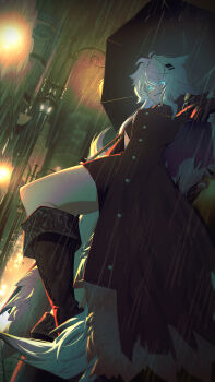 1girl absurdres animal_ears arknights black_boots black_gloves black_shorts black_umbrella blue_eyes boots commentary crazy_grin film_grain gloves hair_between_eyes highres holding holding_umbrella kimo_suna lappland_(arknights) long_hair looking_at_viewer night outdoors rain shorts solo umbrella white_hair wolf_ears wolf_girl