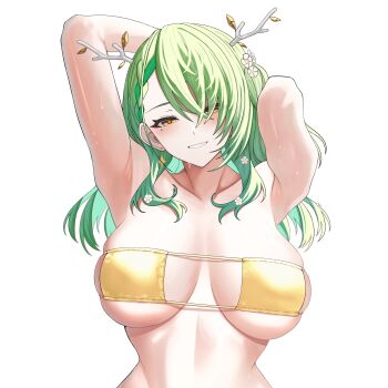 1girl absurdres antlers armpits arms_up bikini blush breasts ceres_fauna commentary gold_bikini green_hair hair_over_one_eye highres hololive hololive_english horns large_breasts long_hair looking_at_viewer mole mole_under_eye si_farid simple_background solo swimsuit tree_horns untranslatable_commentary upper_body virtual_youtuber white_background yellow_bikini yellow_eyes