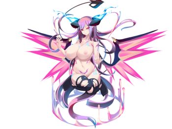 1girl arms_up black_horns black_thighhighs blue_fire breasts closed_mouth demon_girl demon_horns demon_tail demon_wings energy energy_wings expressionless eyes_visible_through_hair facial_tattoo fire floating floating_hair full-body_tattoo game_cg glowing glowing_eyes gradient_hair hairband heart heart_tail horns huge_breasts legs_up lilith_origin_(mon-musu_quest!) long_hair magic_circle mon-musu_quest! mon-musu_quest:_paradox multicolored_hair navel neck_tattoo nipples non-web_source nose nude purple_hair purple_hairband red_eyes shiki_(psychedelic_g2) tail tattoo thighhighs torn_clothes torn_thighhighs variant_set very_long_hair wings