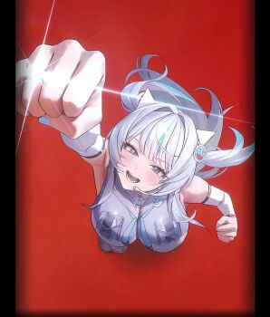 Rule 34 | 1girl, animal ear headphones, animal ears, april fools, armpits, blush, bodypaint, bodysuit, breasts, cat ear headphones, cat ears, earpiece, fake animal ears, foreshortening, goddess of victory: nikke, headphones, large breasts, long hair, looking at viewer, mekami shifty (nikke), multicolored bodysuit, nasaca, official alternate design, official art, open mouth, painted clothes, red background, smile, solo, solo focus, teeth, twintails, white bodysuit, white hair