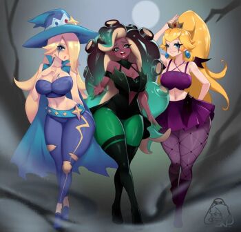 3girls alternate_costume breasts cross dark-skinned_female dark_skin halloween halloween_costume large_breasts little_blood marina_(splatoon) mario_(series) multiple_girls nintendo princess_peach rosalina super_mario_galaxy