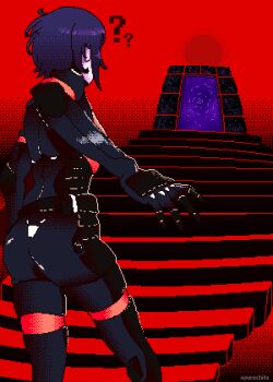 1girl ? absurdres android belt_pouch black_hair elster_(signalis) highres minecraft nether_portal nowhere_(signalis) pixel_art pouch purechito red_theme short_hair sidelocks signalis solo stairs