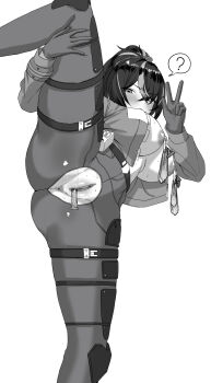 1girl ? anus ass blush breasts condom condom_left_inside condom_on_nipples dolce_(user_gghc3572) gloves greyscale hair_between_eyes heart heart-shaped_pupils highres jacket large_breasts long_sleeves looking_at_viewer monochrome nipple_piercing nipple_rings nipples open_clothes open_jacket pants piercing pussy simple_background solo split spoken_question_mark standing standing_on_one_leg standing_split symbol-shaped_pupils uncensored used_condom w white_background zenless_zone_zero zhu_yuan