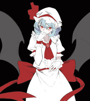 1girl ascot back_bow bat_wings black_background blue_hair bow collarbone dress frilled_wrist_cuffs frills hat highres kanaria_(bcomn) looking_at_viewer mob_cap puffy_short_sleeves puffy_sleeves red_ascot red_bow red_eyes remilia_scarlet short_hair short_sleeves slit_pupils solo touhou white_dress white_hat wings wrist_cuffs
