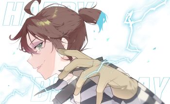 1boy ahoge bandaged_neck bandages brown_gloves brown_hair bruise bruised_eye commentary_request electricity fang floating_hair gloves green_eyes happy_birthday highres identity_v injury looking_back luca_balsa male_focus nikunikuoda ponytail popped_collar portrait profile shirt short_ponytail solo striped_clothes striped_shirt