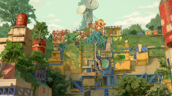 abandoned absurdres building cheef0ng commentary day english_commentary highres no_humans original outdoors overgrown satellite_dish scenery sky tree