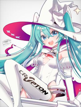 1girl absurdres aqua_eyes aqua_hair bodysuit broom broom_riding cleavage_cutout clothing_cutout commentary elbow_gloves feet_out_of_frame gloves goodsmile_company goodsmile_racing gradient_hair grey_background hatsune_miku highres long_hair looking_at_viewer multicolored_hair official_alternate_costume official_alternate_hairstyle open_mouth racing_miku racing_miku_(2024) riding saki_(syauki1119) simple_background smile twintails twitter_username very_long_hair vocaloid white_bodysuit witch