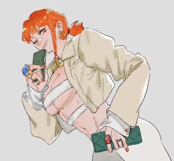 1girl blue_gem breasts cleavage commentary cowboy_shot earrings gem gold_earrings gold_necklace grey_background highres holding hoop_earrings jacket jewelry large_breasts long_sleeves looking_at_viewer low_ponytail mcbuckwheat midriff nami_(one_piece) navel necklace one_eye_closed one_piece open_clothes open_jacket orange_eyes orange_hair orange_nails pants ponytail red_gem ring short_hair single_sidelock smile solo symbol-only_commentary underboob