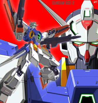 ash_(meiya1216) beam_rifle character_name commentary dual_wielding energy_gun glowing glowing_eyes green_eyes gun gundam gundam_age gundam_age-2 gundam_age-2_double_bullet highres holding holding_gun holding_weapon mecha mobile_suit no_humans projected_inset red_background robot science_fiction simple_background v-fin weapon