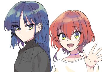 alternate_costume alternate_hairstyle blue_choker blue_hair blush bocchi_the_rock! buttons choker closed_mouth hair_ornament hand_up kita_ikuyo long_hair long_sleeves looking_at_viewer mole mole_under_eye multiple_girls piercing red_hair shirt short_hair smile totobe turtleneck waving white_background white_shirt yamada_ryo yellow_eyes yuri