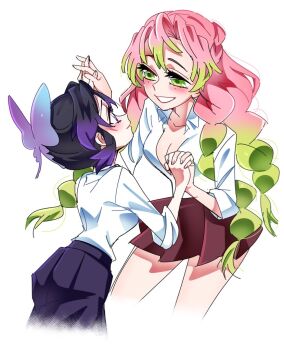 2girls black_hair black_pants braid breasts butterfly_hair_ornament cleavage collarbone commentary gradient_hair green_eyes green_hair hair_ornament holding_hands interlocked_fingers kanroji_mitsuri kimetsu_no_yaiba kochou_shinobu long_hair looking_at_another mole mole_under_each_eye mole_under_eye multicolored_hair multiple_braids multiple_girls multiple_moles pants pink_hair pleated_skirt purple_hair shirt simple_background skirt smile soyeonp19 symbol-only_commentary two-tone_hair white_background white_shirt
