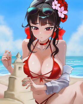 Rule 34 | 1girl, bare shoulders, beach, bikini, black hair, blue sky, blush, breasts, choker, cleavage, closed mouth, collarbone, criss-cross strings, eyewear on head, flower, goddess of victory: nikke, hair flower, hair ornament, highres, large breasts, long hair, navel, noirnib, ocean, official alternate costume, outdoors, pink flower, red bikini, red choker, red eyes, red flower, sakura (bloom in summer) (nikke), sakura (nikke), sand, sand castle, sand sculpture, sky, solo, stomach, sunglasses, swimsuit, water