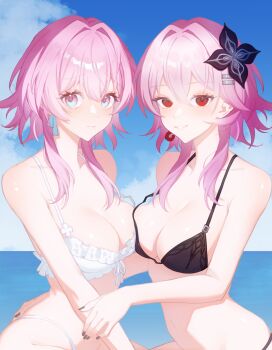 2girls bare_arms bare_shoulders bikini black_bikini black_nails blush breast_press breasts cleavage closed_mouth collarbone evernight_(honkai:_star_rail) flower hair_between_eyes hair_flower hair_ornament highres honkai:_star_rail honkai_(series) lazy_boneowo looking_at_viewer march_7th_(honkai:_star_rail) medium_breasts medium_hair multiple_girls navel parted_lips pink_eyes pink_hair red_eyes smile stomach swimsuit symmetrical_docking white_bikini