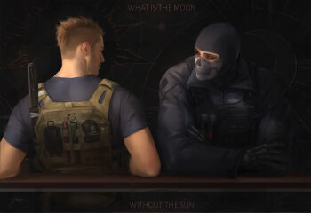 2boys absurdres arms_on_table balaclava black_jacket black_shirt brown_hair bulletproof_vest call_of_duty call_of_duty:_modern_warfare_2 closed_mouth collared_jacket commentary crescent crescent_hat_ornament crossed_arms english_commentary english_text ghost_(modern_warfare_2) gloves hat_ornament highres jacket jeleynai knife leaning leaning_back long_sleeves looking_at_another male_focus mask mohawk multiple_boys shirt short_hair short_sleeves side-by-side skeleton_print skull_print smile soap_(modern_warfare_2) table upper_body vest weapon