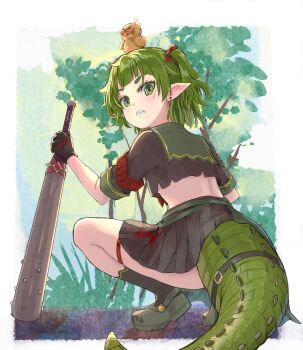 1girl animal animal_on_head armband ass bird black_shirt black_skirt black_socks club_(weapon) commentary crocs crop_top duck earrings english_commentary from_behind green_eyes green_hair green_sailor_collar grey_shoes highres hikari_niji holding holding_club holding_weapon jewelry looking_at_viewer looking_back midriff nitya_nil on_head phase_connect pleated_skirt pointy_ears sailor_collar sharp_teeth shirt shoes short_eyebrows short_sleeves skirt socks solo squatting stud_earrings teeth thick_eyebrows tree two_side_up virtual_youtuber weapon