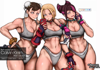 3girls abs arm_on_another's_shoulder biceps black_hair blonde_hair bracelet breasts bun_cover calvin_klein cameltoe cammy_white candy capcom cellphone choker chun-li cleavage clothes_writing collar collarbone controller covered_erect_nipples double_bun dualsense dualshock facial_scar fingerless_gloves food game_controller gamepad gloves grey_panties grey_sports_bra hair_bun hair_horns han_juri hershuar highleg highleg_panties jewelry large_breasts leaning_on_person lollipop medium_breasts multicolored_hair multiple_girls muscular muscular_female navel panties pendant_choker phone playstation_controller scar scar_on_cheek scar_on_face smartphone smile speech_bubble spiked_bracelet spiked_collar spikes sports_bra stomach streaked_hair street_fighter street_fighter_6 thighs underwear underwear_writing
