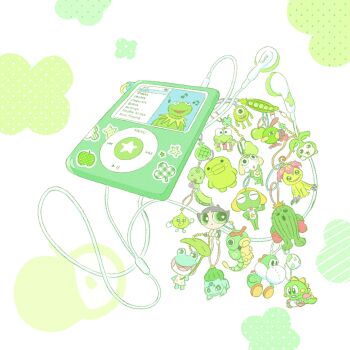 animal_crossing apple beamed_eighth_notes bulbasaur buttercup_(ppg) cable caterpie character_charm character_request charm_(object) clover commentary copyright_request digital_media_player earbuds earphones eighth_note english_text food food_charm fruit gen_1_pokemon gen_2_pokemon green_theme hasunoue_keroppi heisei_retro highres ipod ipod_classic kermit_the_frog kero_kero_keroppi keroro keroro_gunsou kuchipatchi lily_(animal_crossing) mario_(series) melon mike_wazowski monsters_inc. muppets musical_note natu nintendo pause_button pear peas play_button pokemon pokemon_(creature) powerpuff_girls quarter_note sanrio star_(symbol) sticker summernight_12 symbol-only_commentary tamagotchi white_background yoshi yoshi_egg