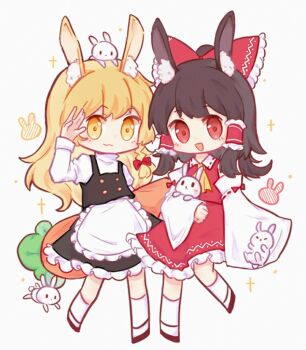 2girls animal animal_ear_fluff animal_ears animal_hug animal_on_hand apron ascot black_skirt black_vest blonde_hair bow braid brown_hair carrot chibi chibi_only chinese_commentary closed_mouth commentary_request detached_sleeves frilled_bow frilled_hair_tubes frilled_skirt frills full_body hair_bow hair_tubes hakurei_reimu kemonomimi_mode kirisame_marisa long_hair long_sleeves looking_at_viewer multiple_girls nizi_nnz no_headwear open_mouth rabbit rabbit_ears rabbit_girl red_bow red_eyes red_skirt ribbon-trimmed_sleeves ribbon_trim side_braid single_braid skirt skirt_set smile socks sparkle touhou very_long_hair vest waist_apron white_apron white_socks yellow_ascot yellow_eyes
