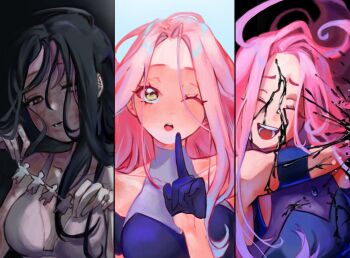 1girl alien_stage ame_(tokwapatatas) black_blood black_dress black_gloves black_hair blood blood_on_face bra closed_eyes commentary dress english_commentary finger_to_mouth gloves grey_bra hair_visible_through_wig half_gloves highres holding index_finger_raised long_hair mizi_(alien_stage) open_mouth paper_doll_chain pink_hair smile underwear wig yellow_eyes