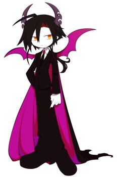 1boy ahoge black_hair black_nails black_suit cape colored_skin demon_boy demon_horns demon_wings formal_clothes funamusea funamusea_(artist) horns licorice_(funamusea) long_hair male_focus multicolored_eyes multicolored_hair nail_polish official_art orange_eyes pointy_ears shirt solo suit two-tone_eyes two-tone_hair white_skin wings yellow_eyes