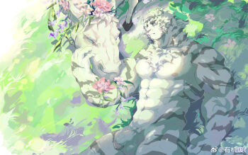 1boy abs absurdres affectionate animal_ears arknights bara completely_nude cowboy_shot facial_hair flaccid flower from_above furry furry_male goatee grass highres horse large_hands large_pectorals lying male_focus mountain_(arknights) muscular muscular_legs muscular_male navel neck_fur nipples nude on_back pectorals penis petting short_hair solo stomach strongman_waist thick_eyebrows thighs tiger_boy tiger_ears uncensored white_hair you_ji_fei_f
