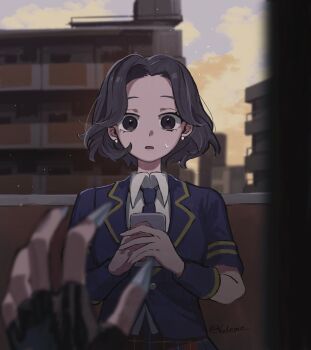 1boy 1girl 6demo blue_jacket blue_necktie blue_wrist_cuffs brown_eyes earrings fake_claws fingerless_gloves gloves highres holding holding_phone identity_v jacket jewelry looking_at_viewer margaretha_zelle_(&quot;swan&quot;) monitoring_(vocaloid) necktie pearl_earrings phone shirt short_hair sweatdrop wavy_hair weeping_clown_(identity_v) white_shirt wrist_cuffs