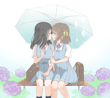2girls absurdres bag belt belt_buckle black_hair blue_belt blue_dress blue_ribbon blush brown_bag brown_eyes brown_hair buckle bush collared_shirt commentary_request couple dress eye_contact flower highres holding holding_umbrella hydrangea imminent_kiss kurosawa_karura looking_at_another looking_to_the_side medium_hair multiple_girls neck_ribbon on_bench original parted_lips pinafore_dress pleated_skirt print_umbrella profile purple_eyes purple_flower rain_print ribbon school_bag shirt simple_background sitting skirt sleeveless sleeveless_dress umbrella white_background white_shirt white_umbrella wing_collar yuri