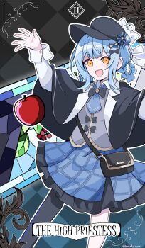 1girl :d asymmetrical_legwear bird_hat_ornament black_bag black_capelet black_hat black_pantyhose blue_hair blue_skirt braid braided_hair_rings capelet commentary deerstalker frilled_skirt frills hair_rings hat highres looking_at_viewer mahou_shoujo_no_majo_saiban mononobe_nekuro mosaic_pattern open_mouth orange_eyes pantyhose plaid_clothes plaid_skirt single_leg_pantyhose skirt smile solo stained_glass tachibana_sherry tarot the_high_priestess_(tarot)