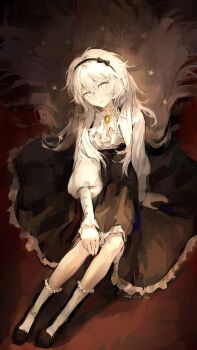 Rule 34 | 1girl, ascot, black hairband, black shoes, black skirt, bow hairband, charlotte wiltshire, closed mouth, commentary, dated, dot nose, flower, frilled skirt, frilled socks, frills, full body, hair between eyes, hair flower, hair ornament, hair spread out, hairband, hand on own knee, hashtag-only commentary, head tilt, hello charlotte, highres, kneehighs, knees up, long hair, long skirt, long sleeves, looking at viewer, no pupils, official alternate costume, shirt, shoes, sidelocks, sitting, skirt, smile, socks, solo, underbust, very long hair, white ascot, white eyes, white hair, white shirt, white socks, yang jiao haohaohaohaohaohaohao weida