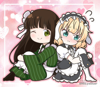 Rule 34 | 2girls, ;), animal ears, apron, back-to-back, black hairband, black pantyhose, black skirt, black vest, blonde hair, blue eyes, blush, brown hair, chibi, closed mouth, commentary request, employee uniform, fleur de lapin uniform, floppy ears, flying sweatdrops, frilled apron, frills, gochuumon wa usagi desu ka?, green eyes, green kimono, hairband, heart, heart background, hugging own legs, japanese clothes, kimono, kirima syaro, knees up, long hair, mitya, multiple girls, no shoes, nose blush, one eye closed, pantyhose, puffy short sleeves, puffy sleeves, shirt, short sleeves, sitting, skirt, smile, striped clothes, striped kimono, twitter username, ujimatsu chiya, vertical-striped clothes, vertical-striped kimono, very long hair, vest, waitress, watermark, white apron, white pantyhose, white shirt, wrist cuffs