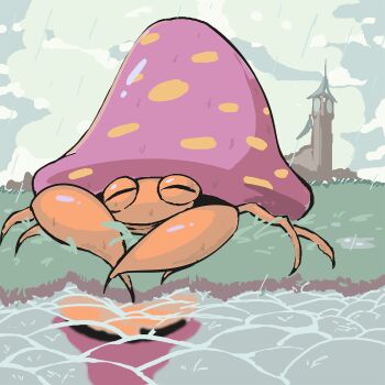 bug clock clock_tower davewaterfalls gen_1_pokemon grass mushroom nintendo outdoors parasect pokemon pokemon_(creature) rain reflection reflective_liquid tower water