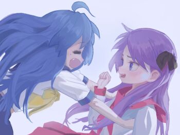 2girls :o =_= ahoge blue_hair bow bowtie commentary_request fang gous_my hand_up hiiragi_kagami imminent_hug izumi_konata long_hair long_sleeves looking_at_another lucky_star multiple_girls neckerchief open_mouth outstretched_arms purple_eyes purple_hair reaching reaching_towards_another red_neckerchief red_sailor_collar ryouou_school_uniform sailor_collar school_uniform shirt short_sleeves sideways_mouth white_background white_shirt yellow_bow yellow_bowtie